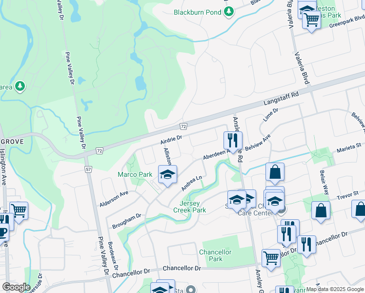 map of restaurants, bars, coffee shops, grocery stores, and more near 21 Avon Crescent in Vaughan