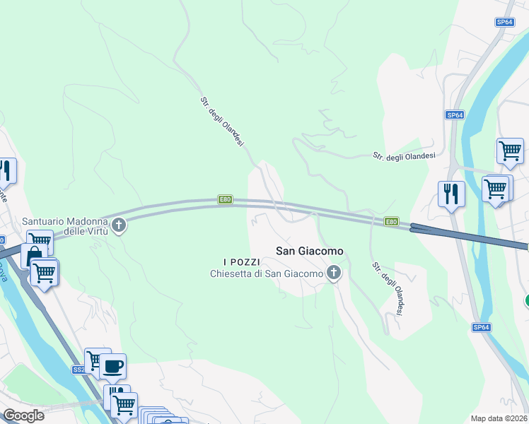 map of restaurants, bars, coffee shops, grocery stores, and more near 61 Via Montefontane in San Giacomo
