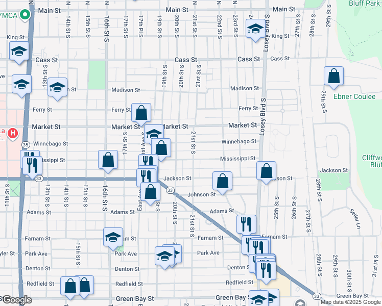 map of restaurants, bars, coffee shops, grocery stores, and more near 720 21st Street South in La Crosse