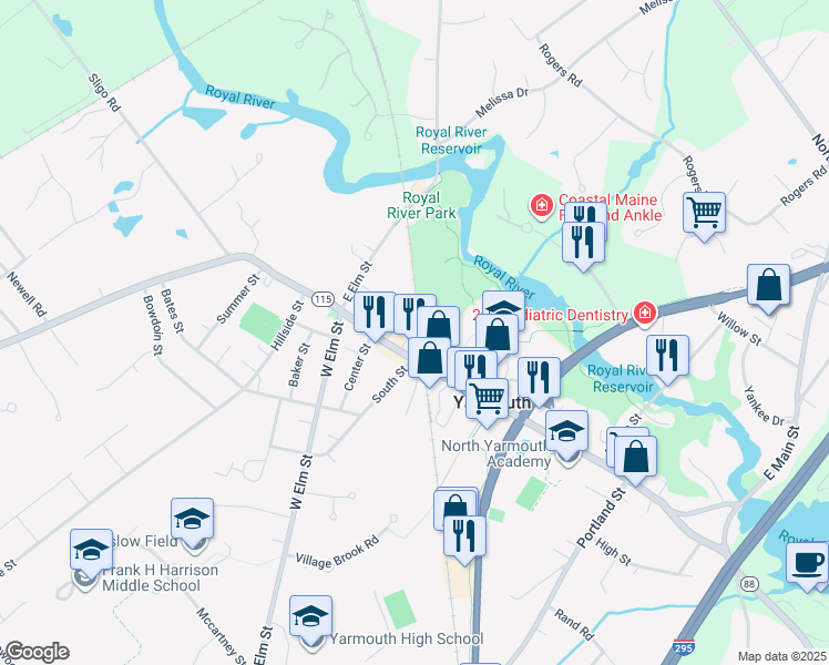 map of restaurants, bars, coffee shops, grocery stores, and more near 17A Mill Street in Yarmouth