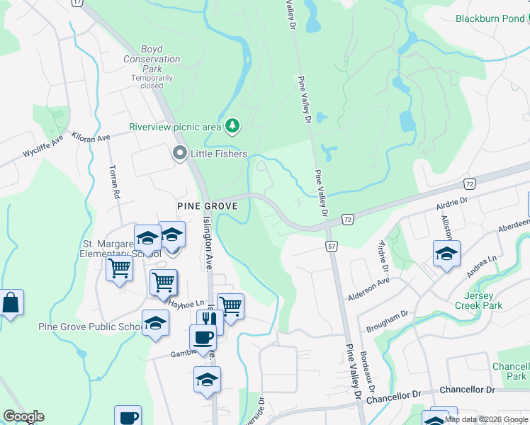 map of restaurants, bars, coffee shops, grocery stores, and more near 4591 Langstaff Road in Vaughan