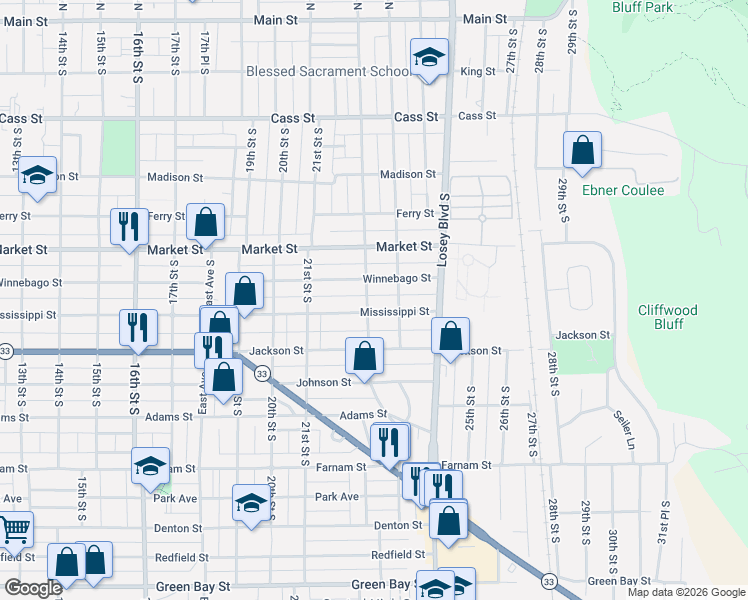 map of restaurants, bars, coffee shops, grocery stores, and more near 719 22nd Street South in La Crosse