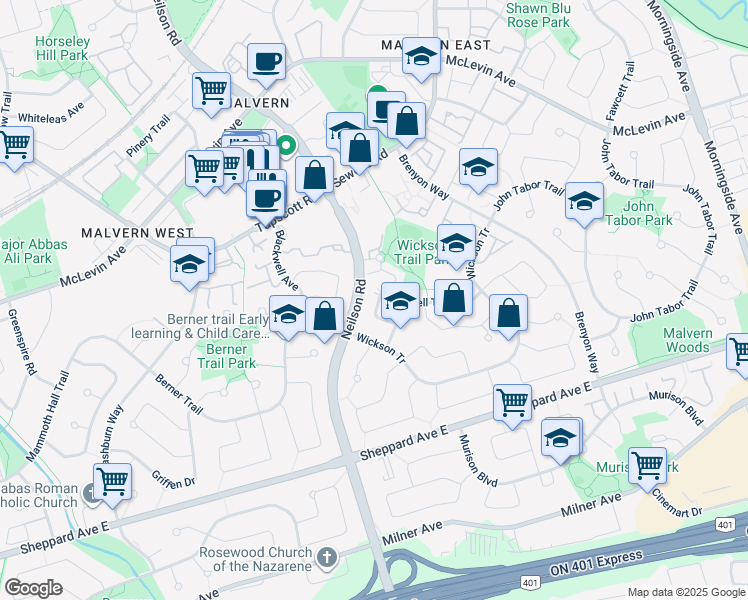 map of restaurants, bars, coffee shops, grocery stores, and more near 68 Quantrell Trail in Toronto