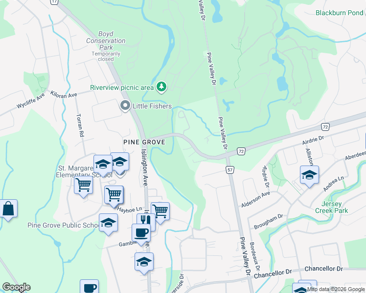 map of restaurants, bars, coffee shops, grocery stores, and more near 4599 Langstaff Road in Vaughan
