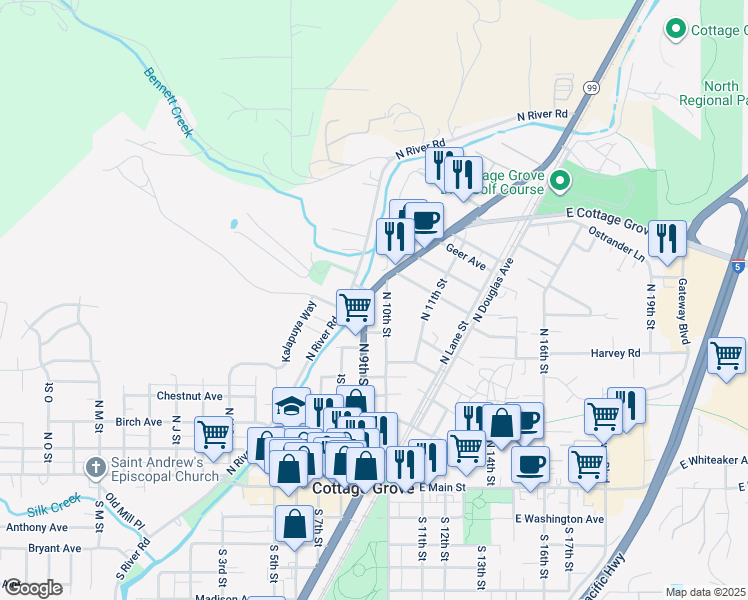 map of restaurants, bars, coffee shops, grocery stores, and more near 806 North Goshen-Divide Highway in Cottage Grove