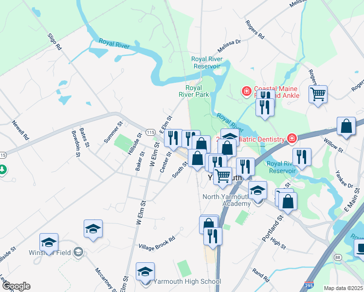 map of restaurants, bars, coffee shops, grocery stores, and more near 17A Mill Street in Yarmouth