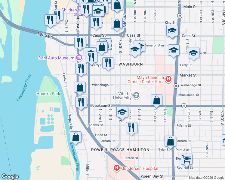 map of restaurants, bars, coffee shops, grocery stores, and more near 816 7th Street South in La Crosse