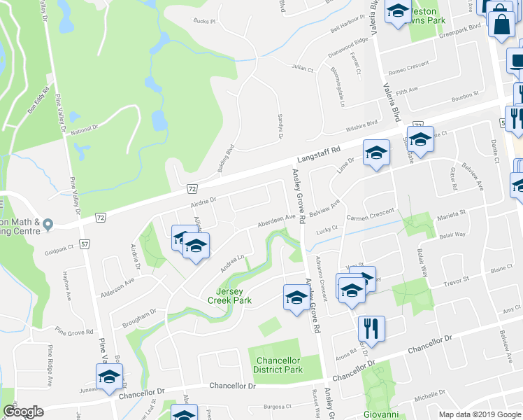 map of restaurants, bars, coffee shops, grocery stores, and more near 55 Ashburn Crescent in Vaughan