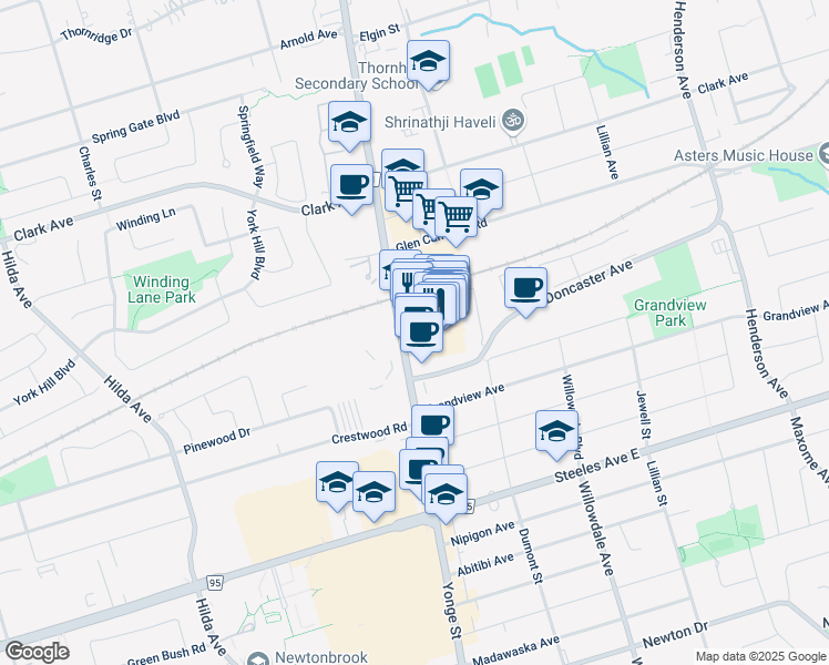 map of restaurants, bars, coffee shops, grocery stores, and more near 7163 Yonge Street in Markham