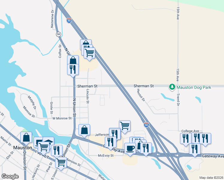 map of restaurants, bars, coffee shops, grocery stores, and more near 616 Sherman Street in Mauston