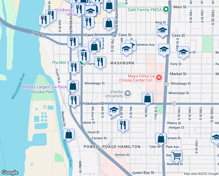 map of restaurants, bars, coffee shops, grocery stores, and more near 816 7th Street South in La Crosse