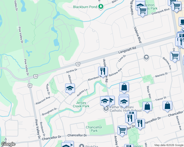 map of restaurants, bars, coffee shops, grocery stores, and more near 55 Ashburn Crescent in Vaughan