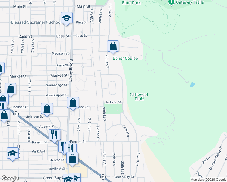 map of restaurants, bars, coffee shops, grocery stores, and more near 823 Janice Court in La Crosse