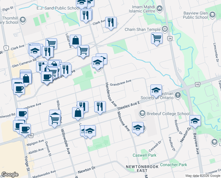 map of restaurants, bars, coffee shops, grocery stores, and more near in Markham