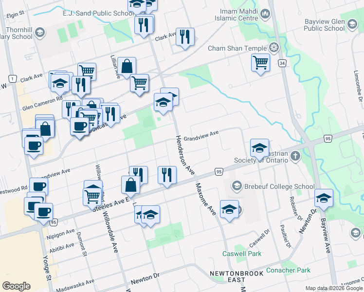 map of restaurants, bars, coffee shops, grocery stores, and more near 31 Henderson Avenue in Markham