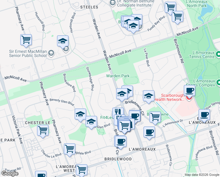 map of restaurants, bars, coffee shops, grocery stores, and more near 88 Hildenboro Square in Toronto