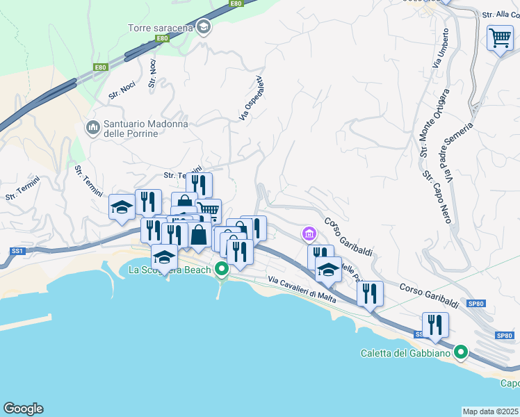 map of restaurants, bars, coffee shops, grocery stores, and more near 58 Via Camillo Benso Conte di Cavour in Ospedaletti