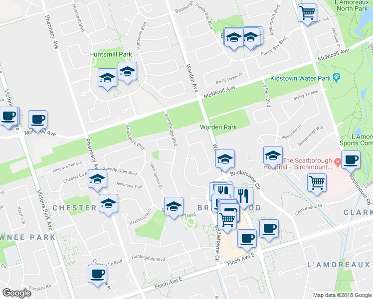 map of restaurants, bars, coffee shops, grocery stores, and more near 116 Glen Springs Drive in Toronto