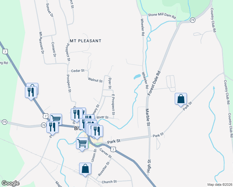 map of restaurants, bars, coffee shops, grocery stores, and more near 23 East Prospect Street in Brandon