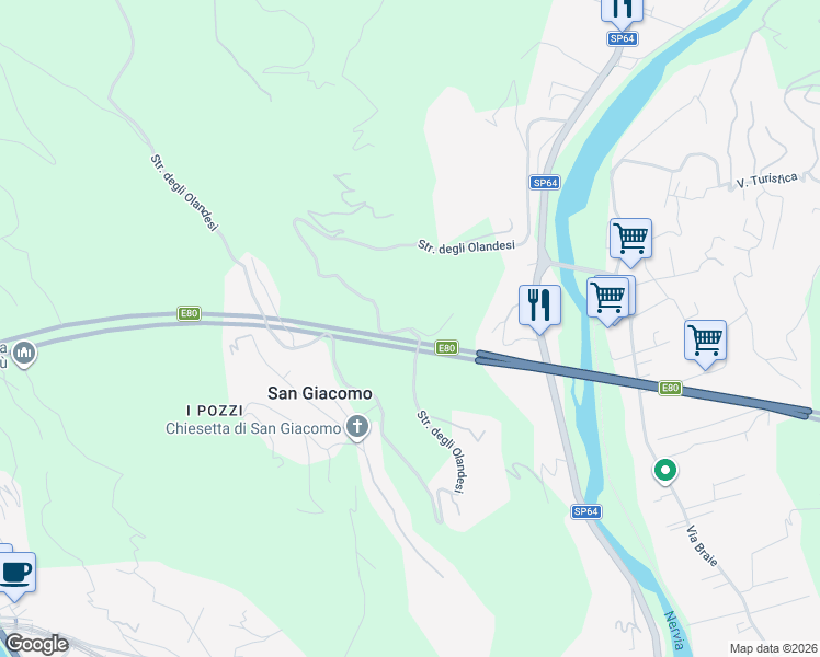 map of restaurants, bars, coffee shops, grocery stores, and more near 85 Strada degli Olandesi in Provincia di Imperia