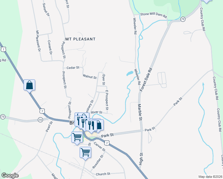 map of restaurants, bars, coffee shops, grocery stores, and more near 23 East Prospect Street in Brandon