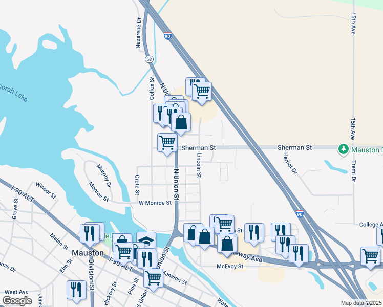 map of restaurants, bars, coffee shops, grocery stores, and more near 521 Lincoln/410 Sherman in Mauston