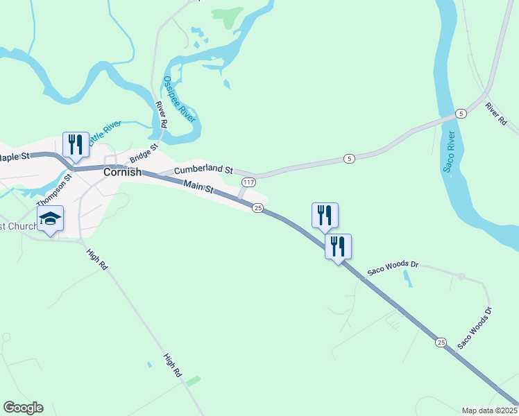 map of restaurants, bars, coffee shops, grocery stores, and more near 125 Main Street in Cornish