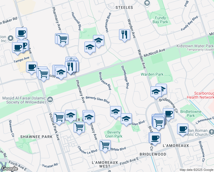 map of restaurants, bars, coffee shops, grocery stores, and more near 22 Brookshire Boulevard in Toronto