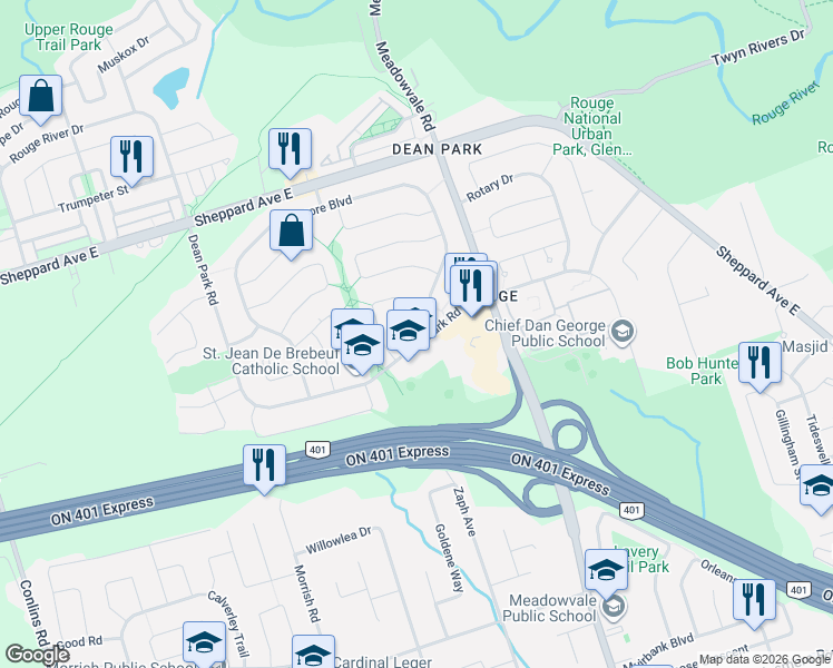 map of restaurants, bars, coffee shops, grocery stores, and more near 116 Red River Crescent in Toronto