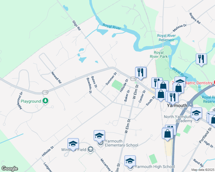 map of restaurants, bars, coffee shops, grocery stores, and more near 64 Summer Street in Yarmouth
