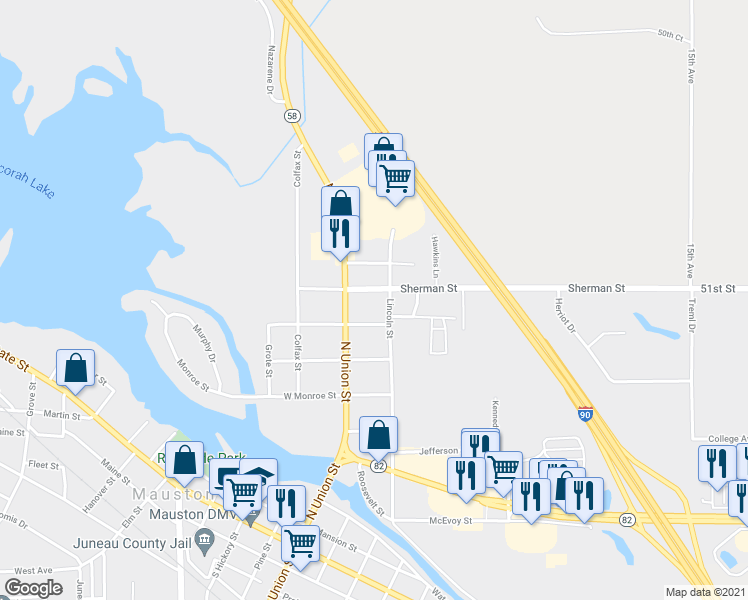 map of restaurants, bars, coffee shops, grocery stores, and more near 521 Lincoln/410 Sherman in Mauston
