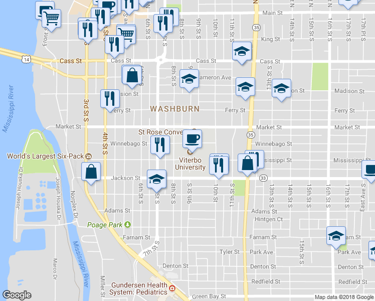 map of restaurants, bars, coffee shops, grocery stores, and more near 814 9th Street South in La Crosse