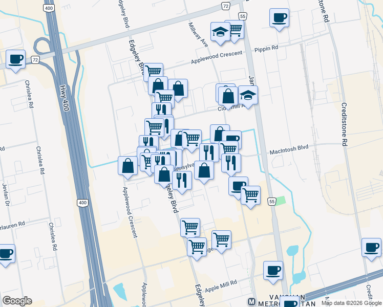 map of restaurants, bars, coffee shops, grocery stores, and more near 160 Pennsylvania Avenue in Vaughan
