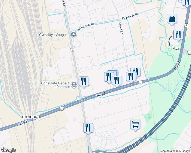 map of restaurants, bars, coffee shops, grocery stores, and more near 2180 Highway 7 in Vaughan