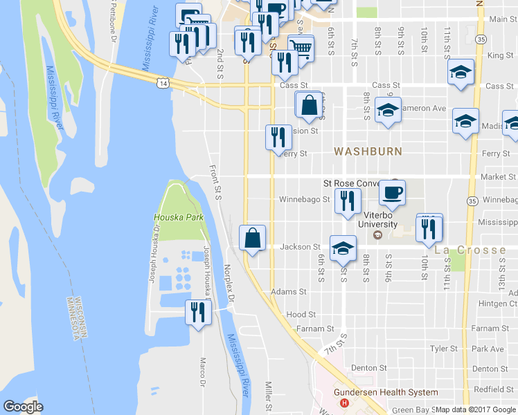 map of restaurants, bars, coffee shops, grocery stores, and more near 1001 3rd Street South in La Crosse