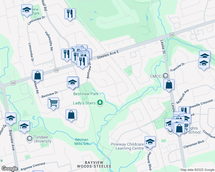 map of restaurants, bars, coffee shops, grocery stores, and more near Harrington Crescent in Toronto