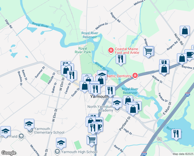 map of restaurants, bars, coffee shops, grocery stores, and more near 52 School Street in Yarmouth