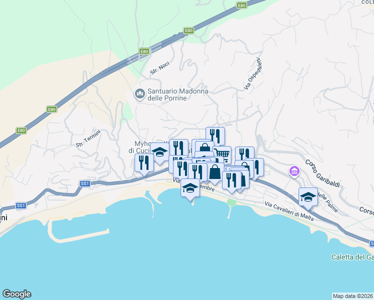 map of restaurants, bars, coffee shops, grocery stores, and more near 46 Corso Marconi in Ospedaletti