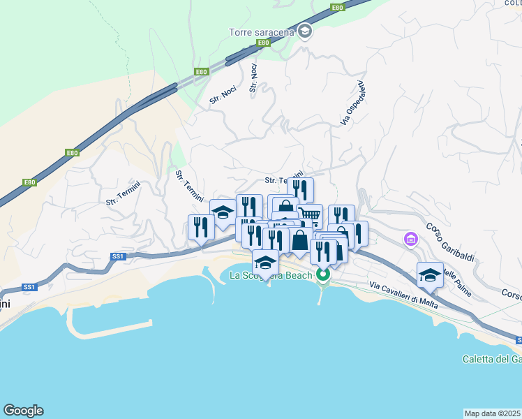 map of restaurants, bars, coffee shops, grocery stores, and more near 46 Corso Marconi in Ospedaletti