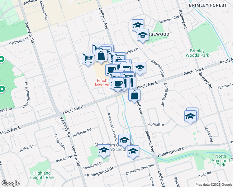 map of restaurants, bars, coffee shops, grocery stores, and more near 4168 Finch Avenue East in Toronto