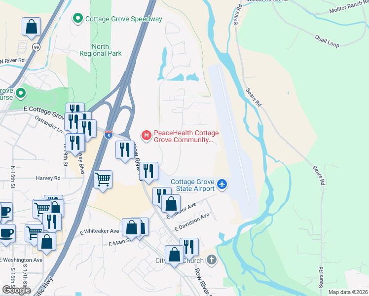 map of restaurants, bars, coffee shops, grocery stores, and more near 78911 Thornton Lane in Cottage Grove