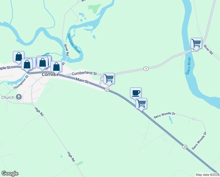 map of restaurants, bars, coffee shops, grocery stores, and more near 125 Main Street in Cornish