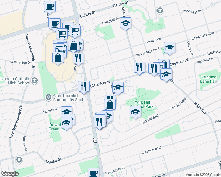 map of restaurants, bars, coffee shops, grocery stores, and more near 29 York Hill Boulevard in Vaughan