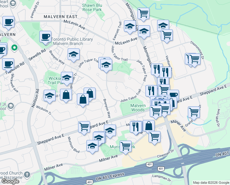 map of restaurants, bars, coffee shops, grocery stores, and more near 16 Stanbridge Court in Toronto