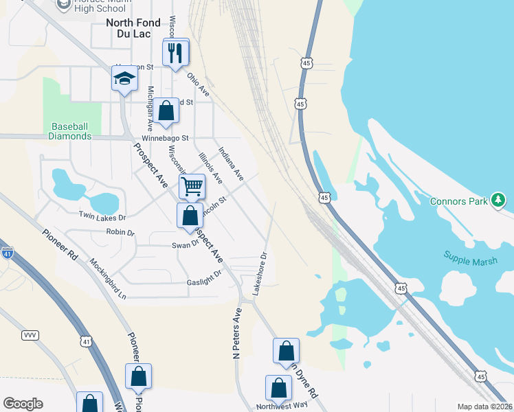 map of restaurants, bars, coffee shops, grocery stores, and more near 312 Illinois Avenue in North Fond du Lac