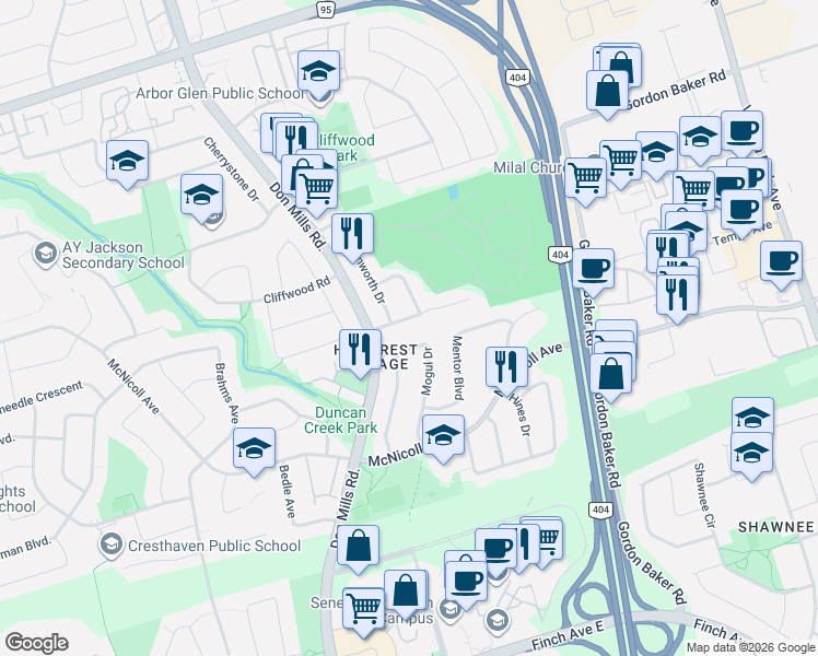 map of restaurants, bars, coffee shops, grocery stores, and more near 16 Shadberry Drive in Toronto