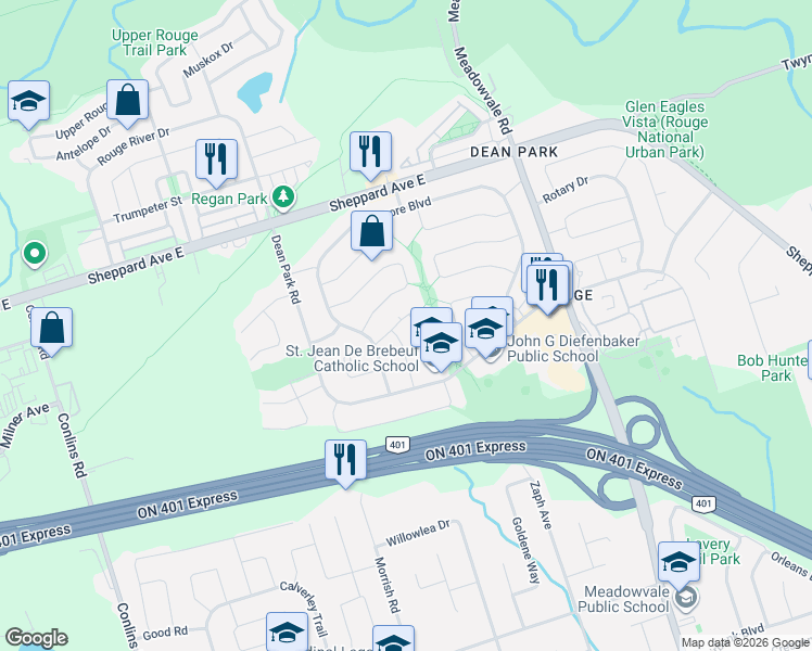 map of restaurants, bars, coffee shops, grocery stores, and more near 17 Saddleback Court in Toronto