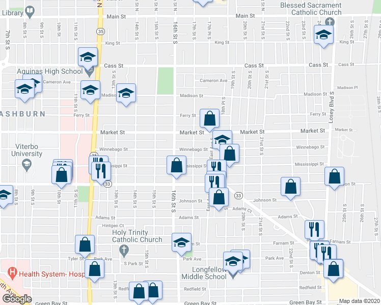 map of restaurants, bars, coffee shops, grocery stores, and more near 802 17th Street South in La Crosse