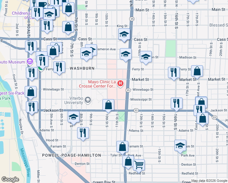 map of restaurants, bars, coffee shops, grocery stores, and more near 815 10th Street in La Crosse