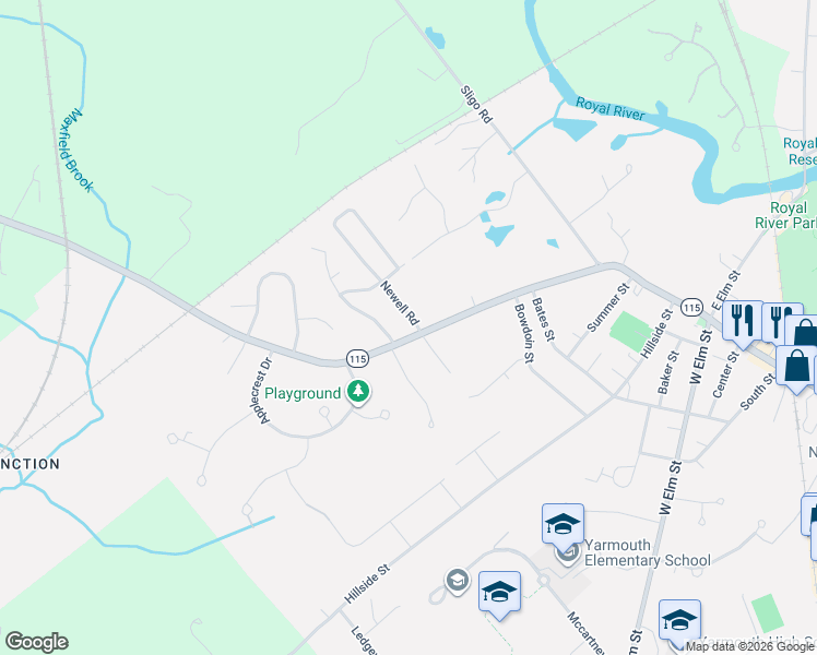 map of restaurants, bars, coffee shops, grocery stores, and more near 277 West Main Street in Yarmouth